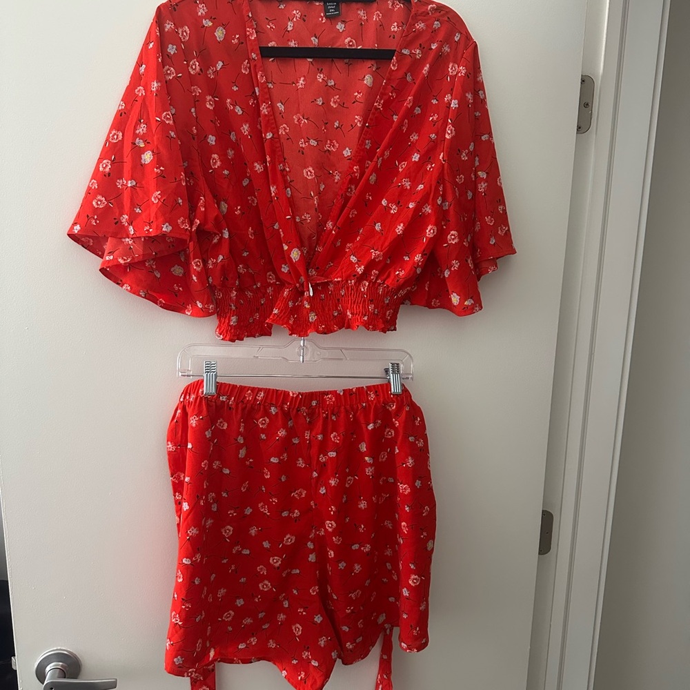 SHEIN Red Floral Two-Piece Set